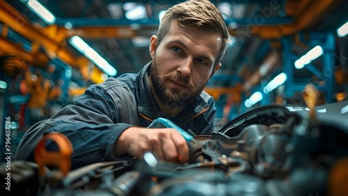 Mechanic conducting car repairs in a factory environment. Concept Car Maintenance, Factory Setting, Mechanical Repairs, Technician at Work, Automotive Industry