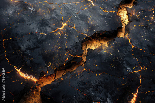 A dark marble surface with golden veins, featuring intricate cracks and highlights of light. Created with Ai