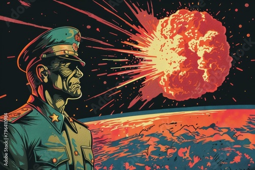 Military man standing in front of a powerful explosion. Suitable for military and war themes