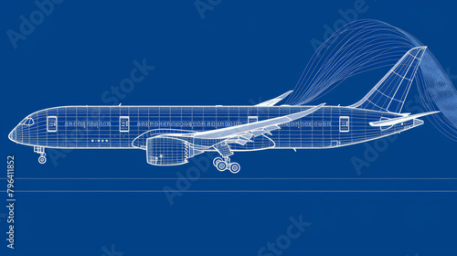 A blue drawing of an airplane with the word "aeronautical" on the side. The drawing is of a jetliner with a wing and tail