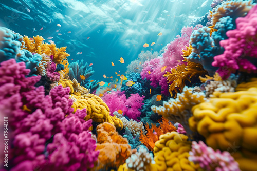 A vibrant coral reef teeming with colorful marine life, showcasing the beauty of underwater landscapes