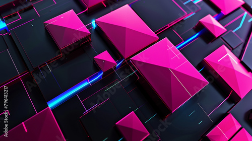 Vibrant magenta geometric shapes with electric blue lines on a sleek black backdrop, crafting a striking abstract landscape.