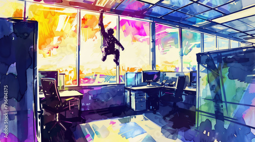 Monkey person executes a parkour move by leaping over a desk in a vibrantly colored office during sunset