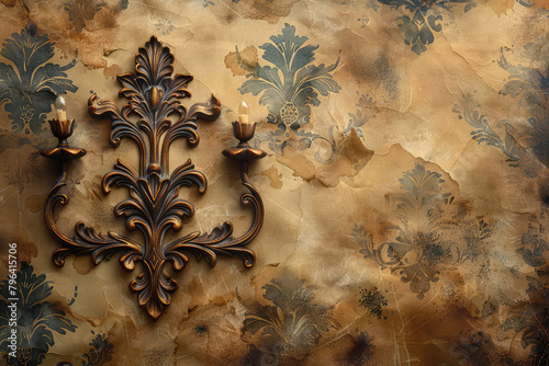 An aged, distressed damask pattern with deep rich tones of brown and gold on an old textured paper background. Created with Ai