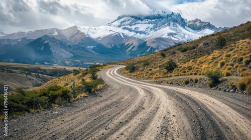 A bumpy and uneven gravel road bordered by snowcapped peaks challenging drivers with unpredictable twists and turns. . AI generation.