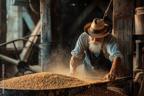 A man in a straw hat harvesting grain. Suitable for agricultural concepts