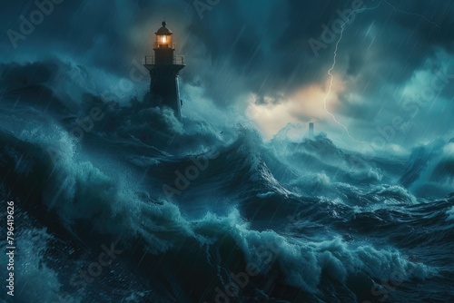 A lighthouse standing strong in the midst of a stormy ocean. Perfect for illustrating resilience and strength