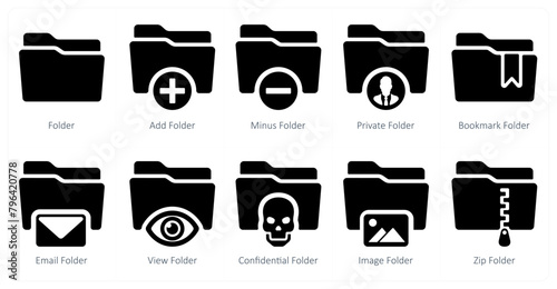 A set of 10 Folder icons as folder, add folder, minus folder