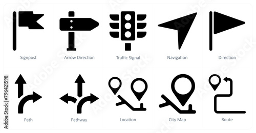 A set of 10 Navigation icons as signpost, arrow direction, traffic signal