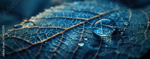 A dewdrop clings to a leaf, magnifying the intricate veins beneath, a microcosm of life captured in a single, shimmering sphere, background concept