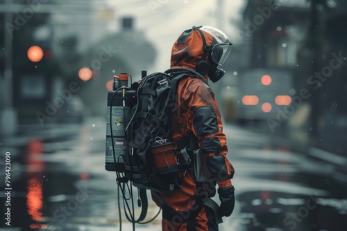 A man wearing an orange rain suit and carrying a backpack. Suitable for outdoor activities and travel themes