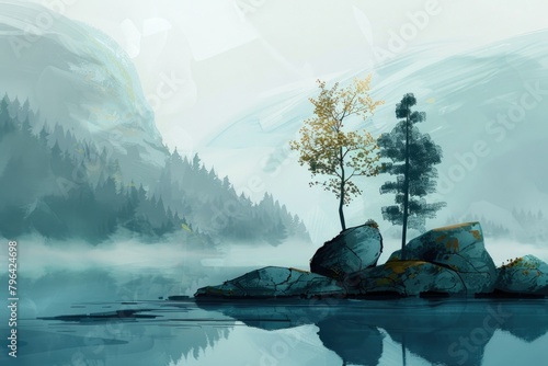 A painting of a lone tree on a rock in the middle of a lake. Suitable for nature-themed designs