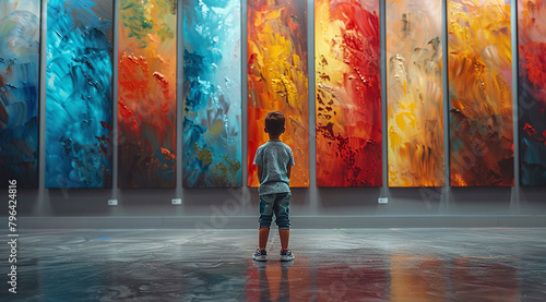 A young child stands in awe in front of a vibrant, colorful abstract art display in a gallery.