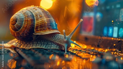Giant snail navigating a web browser with a slow internet connection