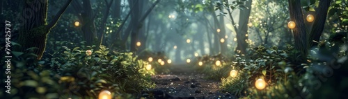 Render a serene forest with a path illuminated by glowing orbs, suggesting the idea of following ones own unique path to success