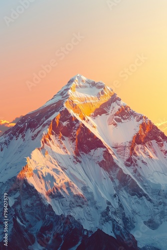 Realistic photography of snowcapped mountains, golden light shining on the top peak, sunrise. 