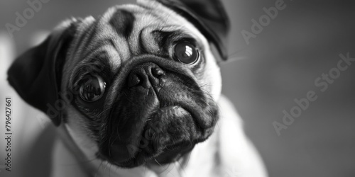 A cute pug dog captured in black and white. Suitable for pet lovers and animal themes