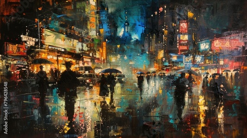 The perspective of the painting is from a pedestrians point of view capturing the bustling energy and movement of the city at night. . AI generation.