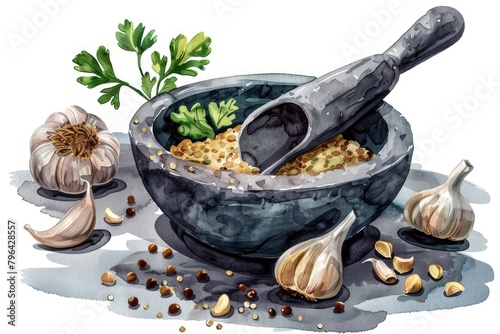 Detailed painting of a mortar with garlic and cloves, perfect for culinary designs