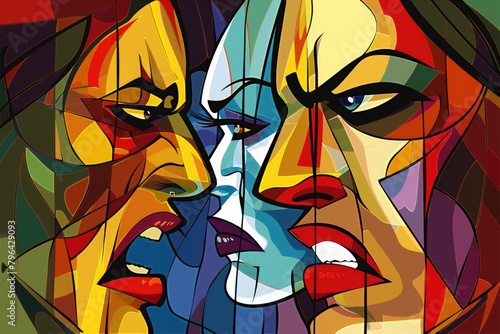 Painting of a woman's face with multiple faces. Suitable for psychological or surrealistic themes