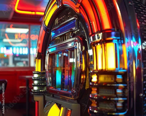Closeup of a neonlit jukebox in a diner, with reflections of multicolored lights on the shiny surface, no grunge, no dust, 4k
