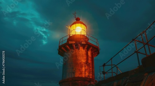 A lighthouse shining brightly on a cloudy night, perfect for adding a beacon of light to your design projects