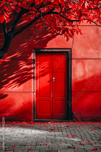 Red door with tree in the background.
