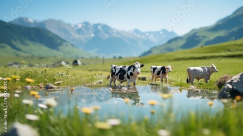 b'Three cows standing in a pond on a green field with mountains in the background'