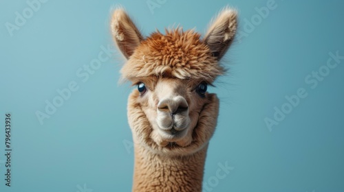 A fluffy brown alpaca looking at the camera with a curious expression on its face