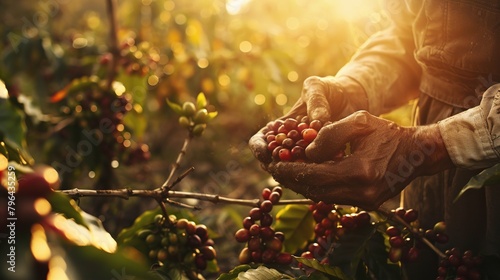 Farmer hands harvesting red coffee beans on plantation