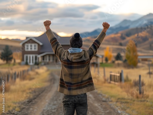 young man rear view raises hands happy with house background, back home