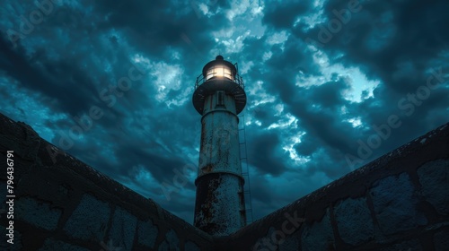 A lighthouse with a shining light at the top, ideal for navigation and safety concepts