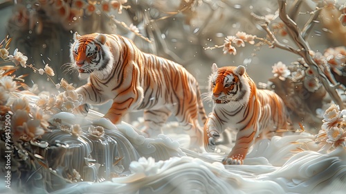 seamless pattern with a tiger cub in the winter forest