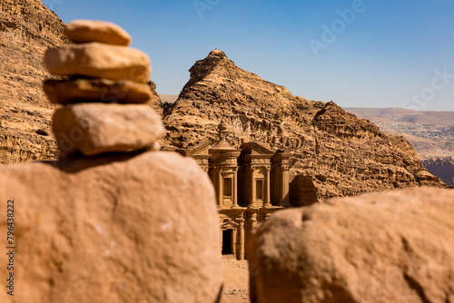 A view from avbove of The Monastery in the archeological site of Petra in Jordan