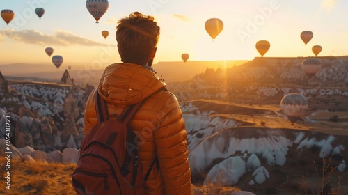 Man traveler vacations beautiful destination in Goreme, Turkey. Fabulous Kapadokya with flying air balloons at sunrise