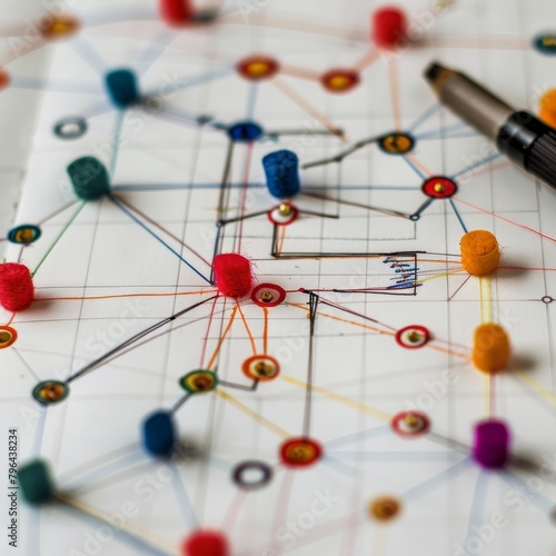 A colorful map with many dots and a pen on top. The dots represent points of interest and the pen is used to draw lines connecting them