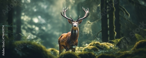 A large deer with antlers stands in a misty forest.