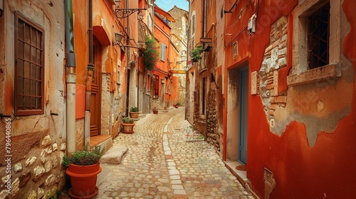 Medieval old spanish or italy village street, terracotta colors, narrow streets