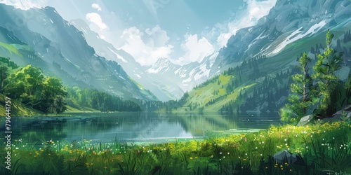 b'Mountains, lake and flowers'
