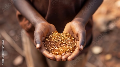 Close-up of a boy's hands, holding a handful of grains with hope.