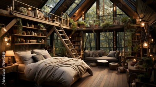 b'A cozy bedroom in a treehouse with a view of the forest'