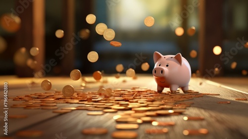 b'3D rendering of a pink piggy bank with coins falling around it'