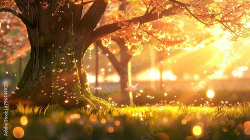 Ancient Tree, Moss, Quiet harmony among the giants, Twilight, 3D Render, Sunlight filtering through leaves, Lens Flare, Panoramic view