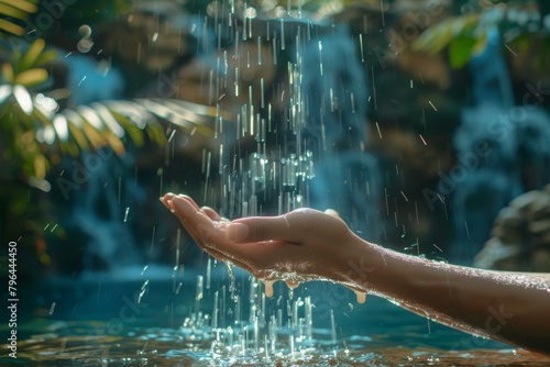 A person's hand is holding a handful of water from a waterfall