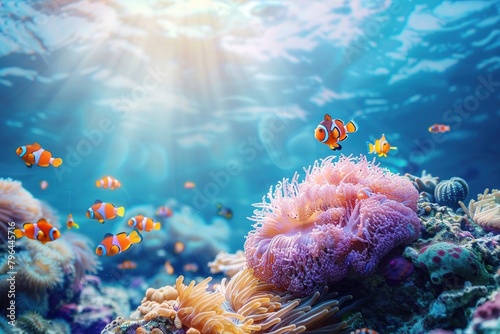 Sea animal salt water fishes background - Clownfish (amphiprion percula) on coral reef, cute anemone fish
