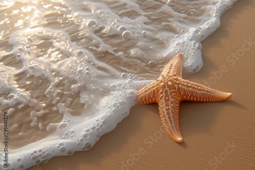 b'An orange starfish on the beach with a wave coming in'