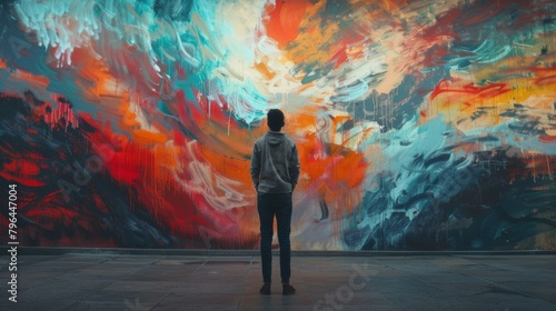 A lone individual stands in front of a striking and thoughtprovoking mural back turned to the camera as they take a moment to . .