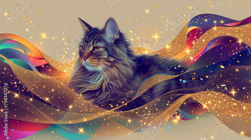 Ethereal cat abstract with gold stars against a gradient from dark violet to light orange.