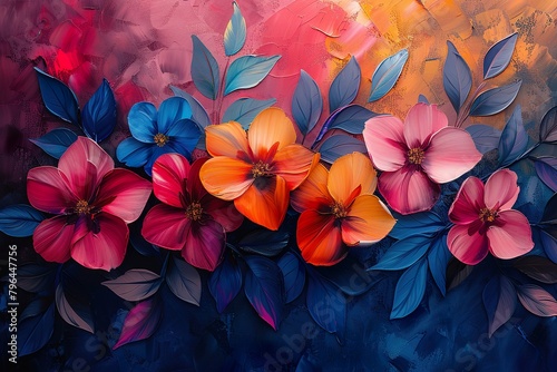 A colorful abstract oil painting technique. Flowers, leaves. The future is stylish on paper.