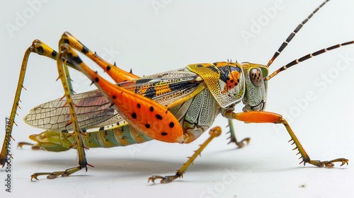 b'A colorful grasshopper on a white background'